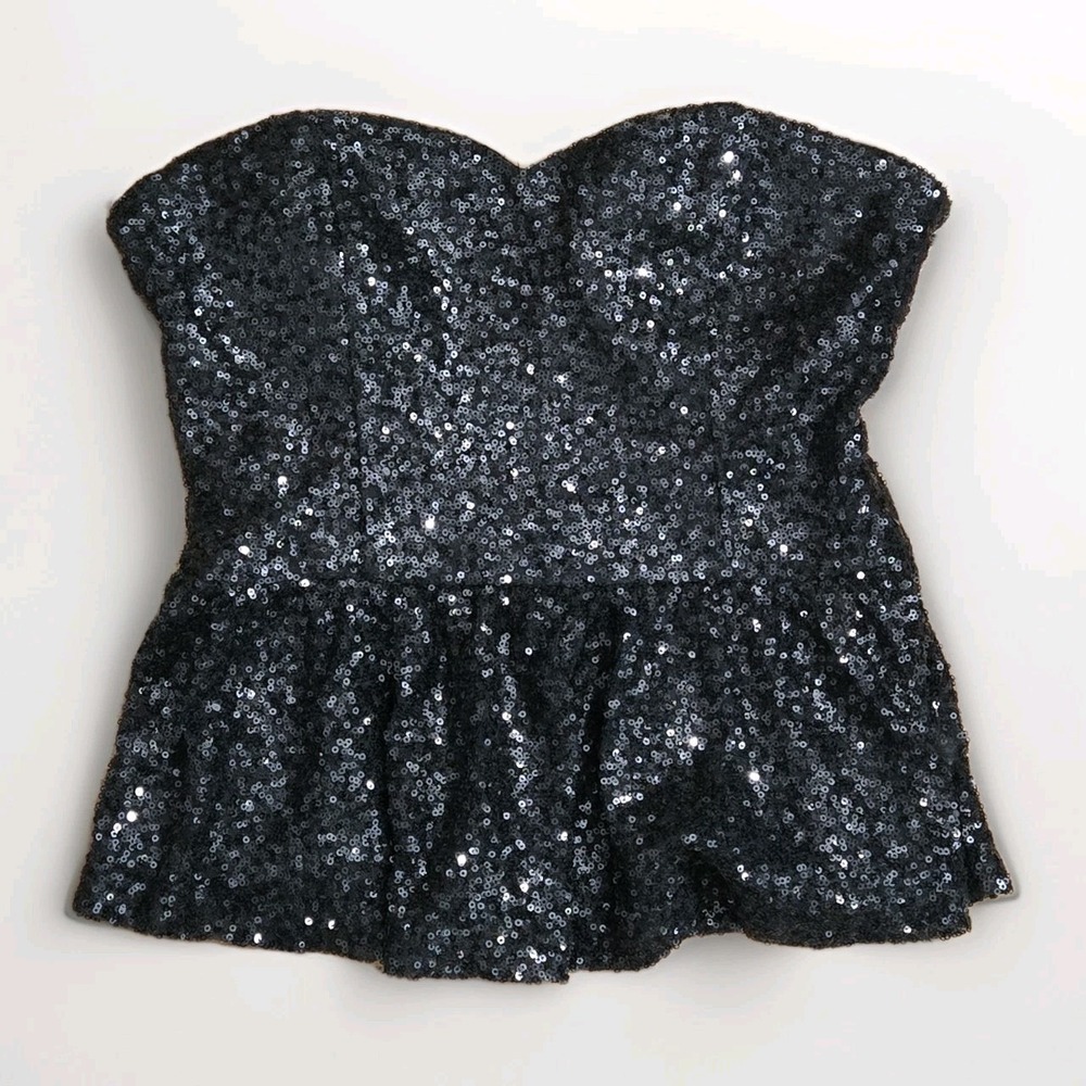 FOREVER 21 Black Sequin Strapless Peplum Bustier‎ Top Glam Party Clubwear Sz M